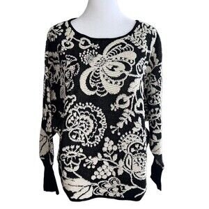 Sundance 3D Textured Floral Sweater Black Cream‎ Size XS